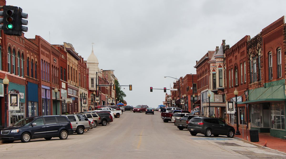 Historic red brick masonry buildings in downtown Guthrie, Oklahoma